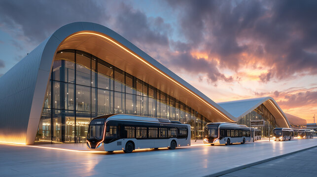 Modern futuristic bus terminal with sleek architecture, clean lines, and smart transportation design, showcasing advanced urban mobility and innovative city infrastructure.