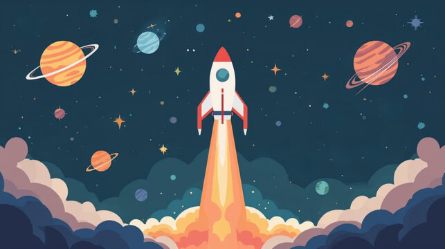 illustration rocket launching into space with trail smoke