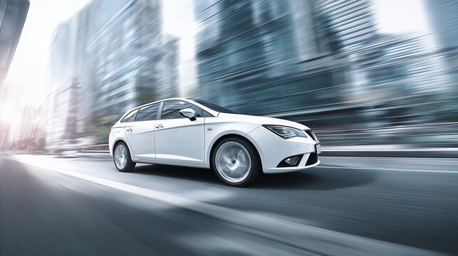 White modern hatchback car speeding through urban city street, dynamic motion blur, sleek compact design, transportation and fast lifestyle concept