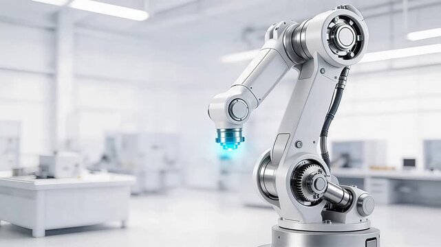 Modern industrial robotic arm in a clean high-tech factory lab, showcasing automation, precision engineering, and Industry 4.0 technology