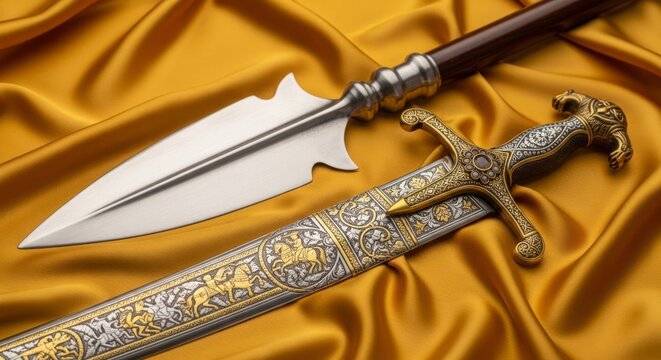 Maharana Pratap Jayanti, Close-up of a traditional Rajput spear and engraved sword resting on royal saffron silk