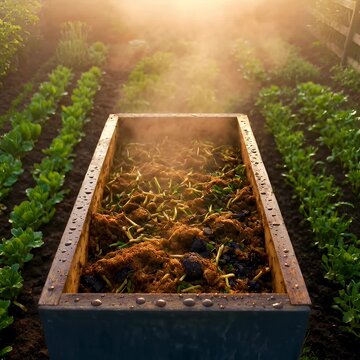 Wooden compost bin with decomposing vegetable waste steaming in a sunny organic garden, illustrating active decomposition and soil fertility.