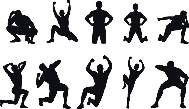 Set of athletic male silhouettes performing various dynamic poses including crouching, celebrating, lunging, and powerful bodybuilder stances for fitness, sports, and motivational graphic