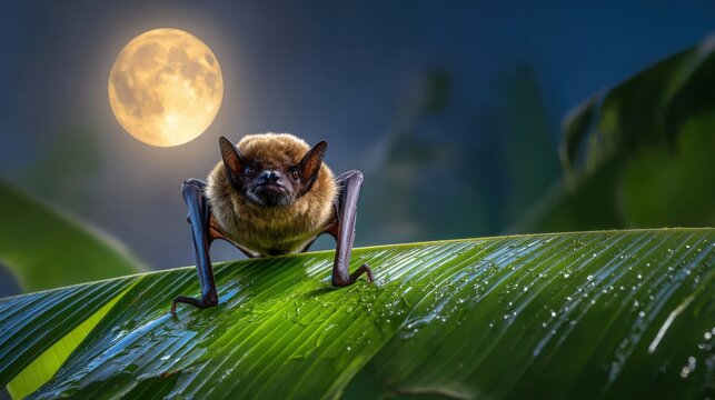 Small bat meticulously pollinating a large wet leaf under the pale moonlight