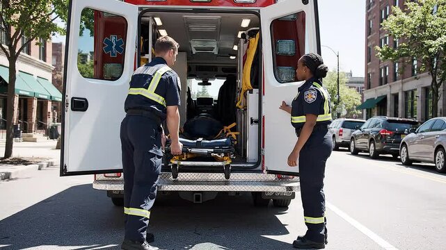 Professional Emergency Medical Technicians Loading Stretcher into Ambulance