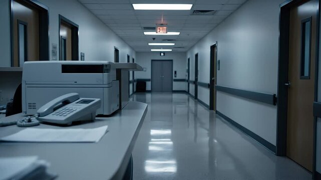 Empty Hospital Nursing Station Corridor at Night