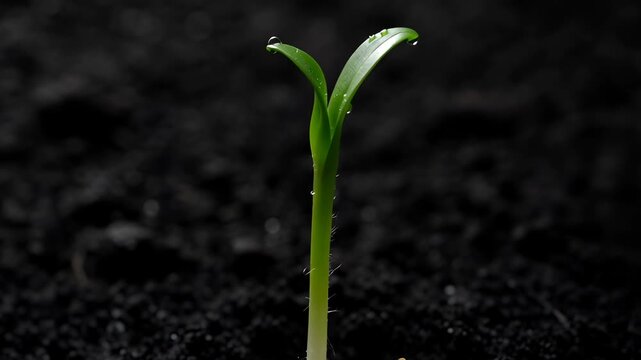 Macro shot seed sprouting time-lapse growth showing a bean emerging from dark soil with green shoot developing leaves and water droplets