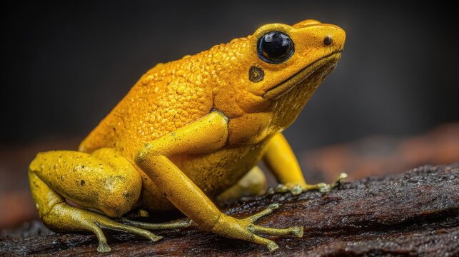 A vibrant golden poison frog perched on a damp log, showcasing its brilliant coloration and intricate skin texture in its natural habitat