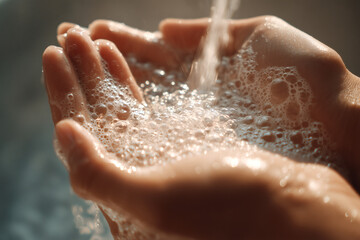 Fototapeta premium Close up of cupped hands holding water and soap foam under warm sunlight
