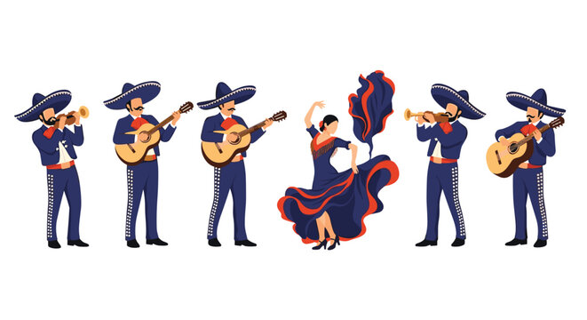 Vibrant cultural illustration featuring a traditional mexican mariachi band with musicians and a female flamenco dancer in a blue dress.