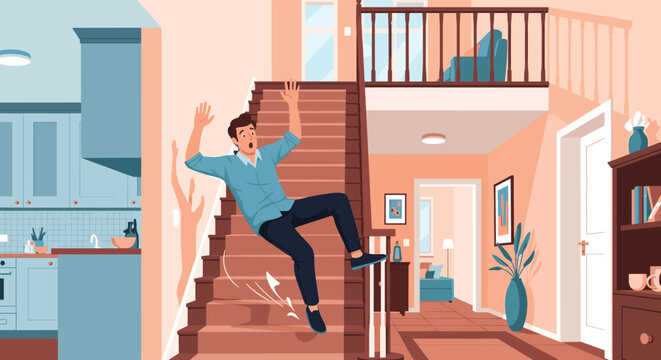 Action scene of a man accidentally slipping and falling down the stairs in a modern house interior with a kitchen in the background.