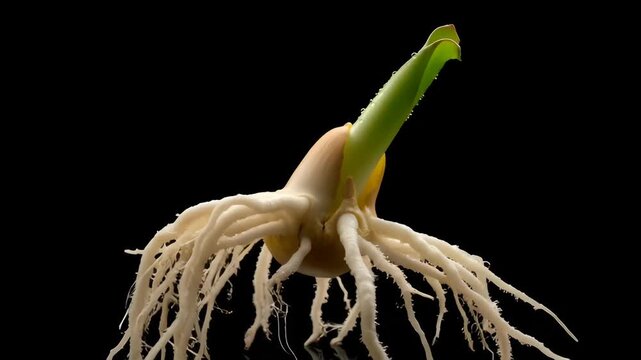 A detailed macro shot seed sprouting time-lapse growth showing a green shoot emerging and white roots expanding from a corn kernel isolated on a black background.