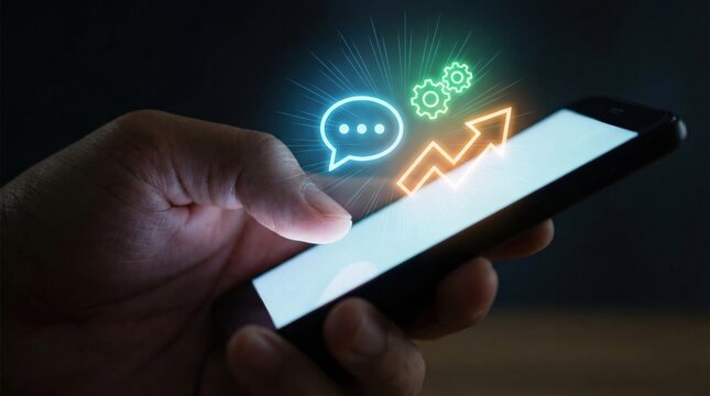 Closeup smartphone with chatbot icon and growth arrows. AI automation concept.