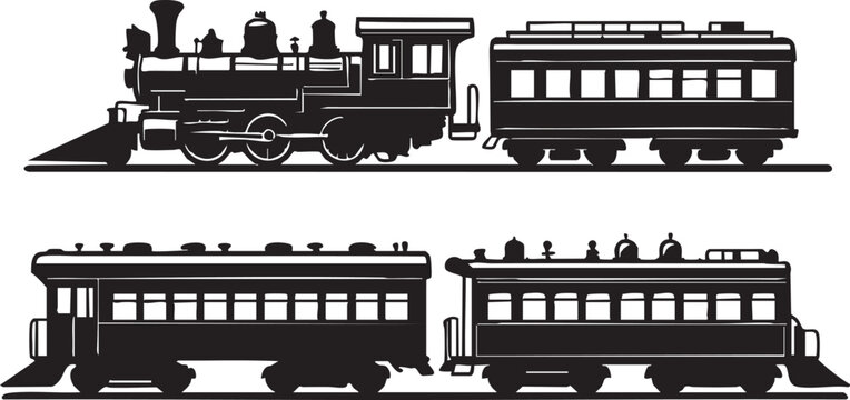 Vintage train vector illustration: steam engine and passenger cars eps silhouette