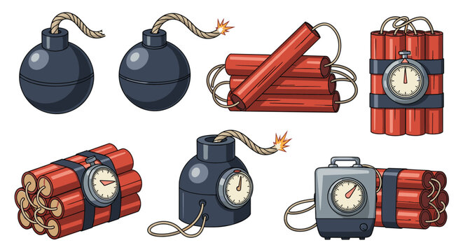 Different types of explosive devices including round bombs, dynamite bundles, and TNT blocks with timers and lit fuses.
