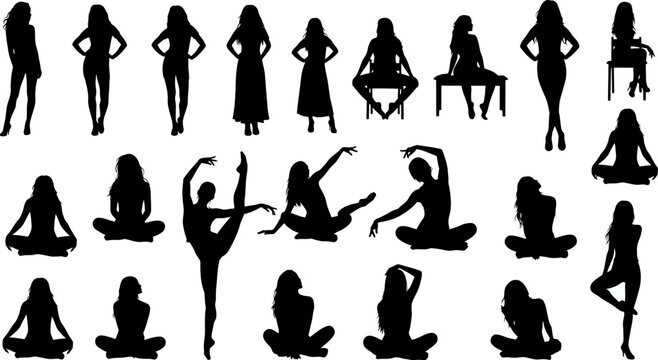 collection of black silhouettes of women in various yoga poses and everyday activities on white background