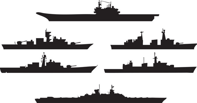 Naval warship silhouette vector: aircraft carrier, destroyer, frigate graphics eps