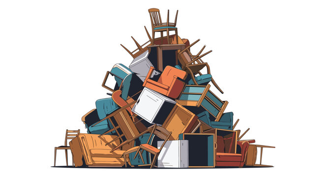 Massive pile of discarded furniture featuring various chairs, sofas, and stools representing waste and consumerism issues.