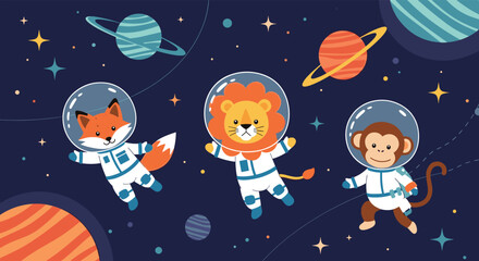 Naklejka premium Adorable children's illustration of a fox, lion, and monkey wearing astronaut suits and floating in a starry space environment.