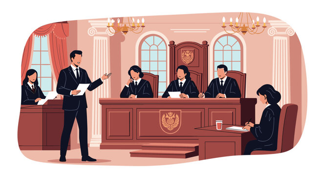 Formal courtroom scene featuring a lawyer presenting a case to a panel of judges in an elegant judicial setting.