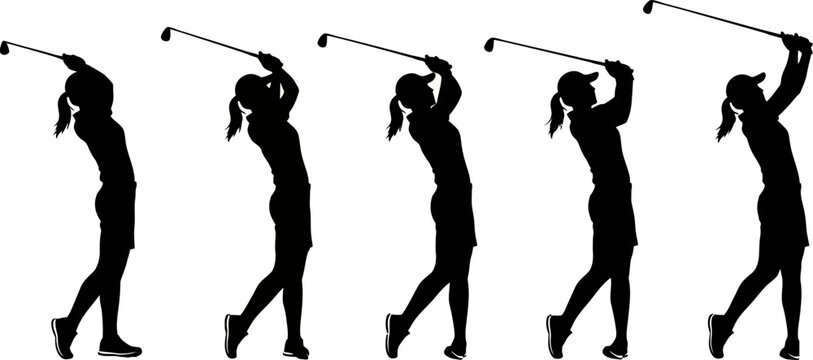 silhouette of a woman playing golf in different swing positions with golf club