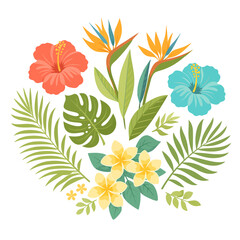 Obraz premium Tropical flower and leaf vector set featuring hibiscus, bird of paradise, plumeria, monstera, and palm foliage, perfect for summer design, exotic branding, and botanical decor