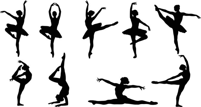 Collection of various ballet dancers in different poses on white background