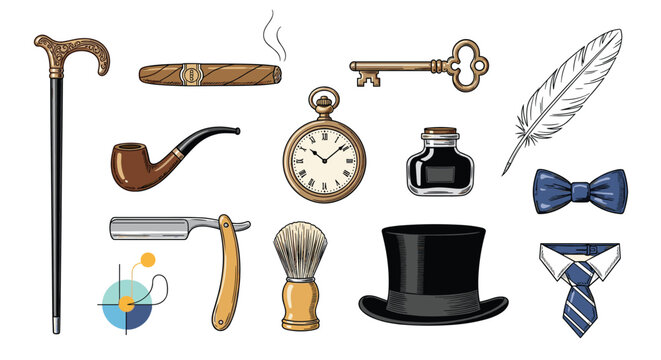 Selection of classic vintage mens accessories including a pocket watch, top hat, pipe, straight razor, quill pen, and elegant bow ties.
