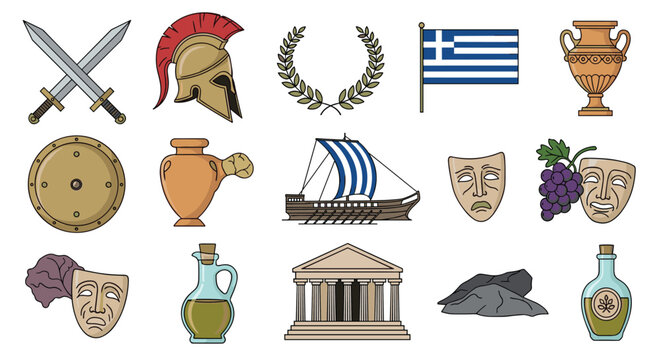 Variety of ancient Greek cultural artifacts and icons including a helmet, swords, trireme ship, amphorae, and dramatic theatrical masks.