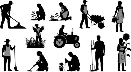 Silhouette illustrations of people engaged in various gardening activities and tasks © Afia