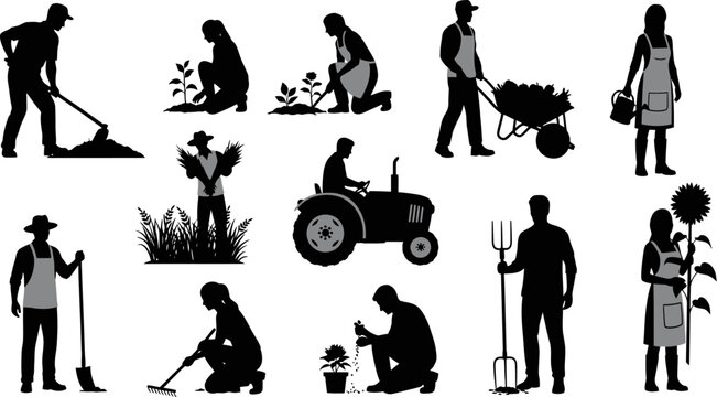 Silhouette illustrations of people engaged in various gardening activities and tasks