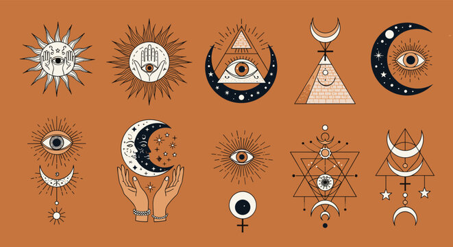 Array of esoteric and mystical symbols including all seeing eyes, pyramids, celestial suns, moons, and sacred geometry on a warm background.