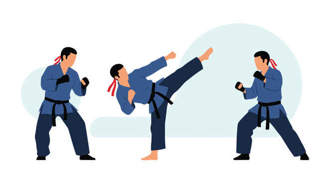 Figures of martial artists in blue uniforms and black belts demonstrating various techniques like a high kick and a ready combat stance.