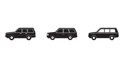 Fototapeta premium Three black station wagon silhouettes side view cars with white outlines on clean white background for design and transportation concepts