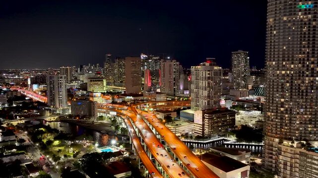 Night traffic flowing on a highway in downtown Miami