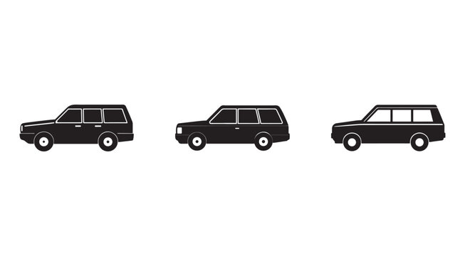 Three black station wagon silhouettes side view  cars with white outlines on clean white background for design and transportation concepts