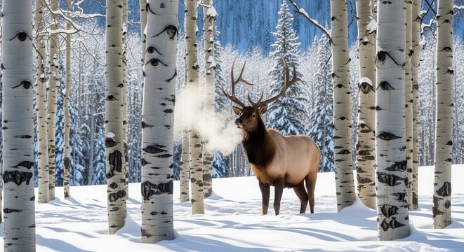 Majestic elk with visible breath stands tall in a snowy birch grove during winter