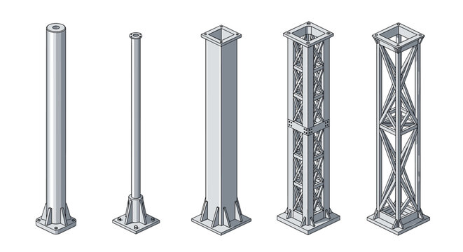 Various industrial steel pillars and truss support columns are displayed in a clean isometric illustration for construction.