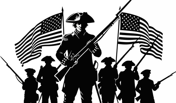 American colonial soldiers with flags patriotic illustration in black and white silhouette