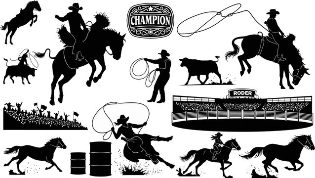 Black silhouettes of cowboys and horses in various rodeo actions with champion emblem  rodeo event illustrations