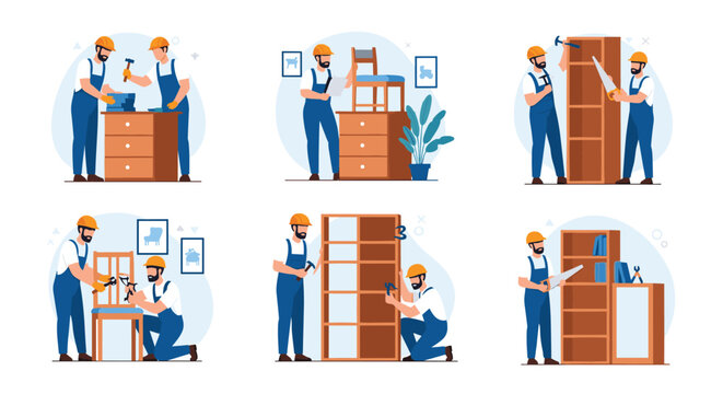 Professional carpenters and woodworkers collaborate to assemble wooden furniture including chairs and bookshelves in a workshop.