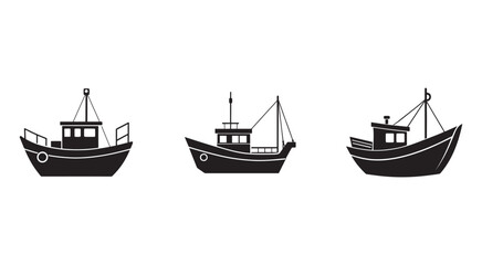Naklejka premium Three different fishing boat silhouettes in various designs and orientations on white background maritime transportation vessels