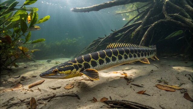 Ornate Bichir (Polypterus ornatipinnis) swimming near the riverbed in its natural African freshwater habitat.