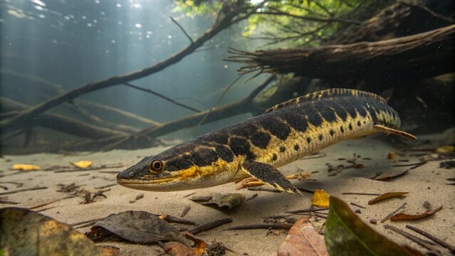 Ornate Bichir (Polypterus ornatipinnis) swimming near the riverbed in its natural African freshwater habitat.
