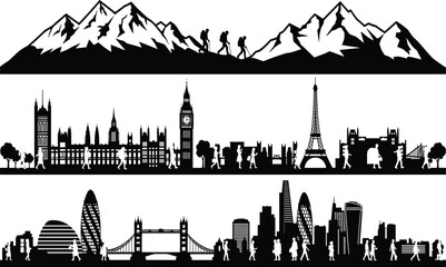 Mountain hiking silhouettes, European landmarks, Eiffel Tower, Big Ben, modern cityscape, urban architecture, pedestrians, travel exploration, tourism design, adventure illustration © Its Saidul 