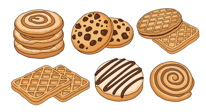 Assorted delicious cookies including chocolate chip, waffle, and cinnamon rolls are displayed for a sweet treat.
