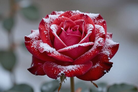 A single red rose covered in snow on a cloudy day