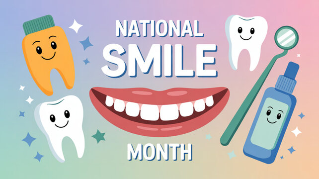 National smile month colorful illustration with smiling teeth toothbrush and dental hygiene items