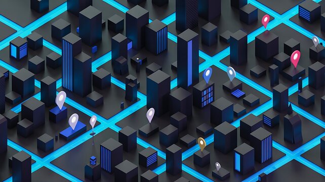 Isometric smart city map with buildings location pins and connected roads representing navigation and urban planning concept