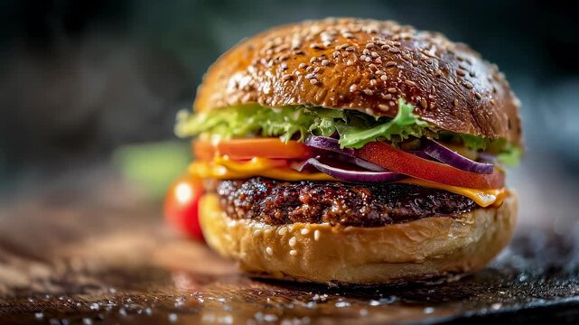 Gourmet close-up of juicy cheeseburger with melted cheddar, crisp lettuce and tomato on toasted sesame brioche bun in dramatic restaurant lighting